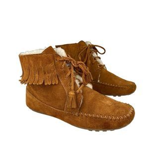 Minnetonka Fringe Lace-up Brown Suede Sheepskin Lining Ankle Boots Women's Sz 8